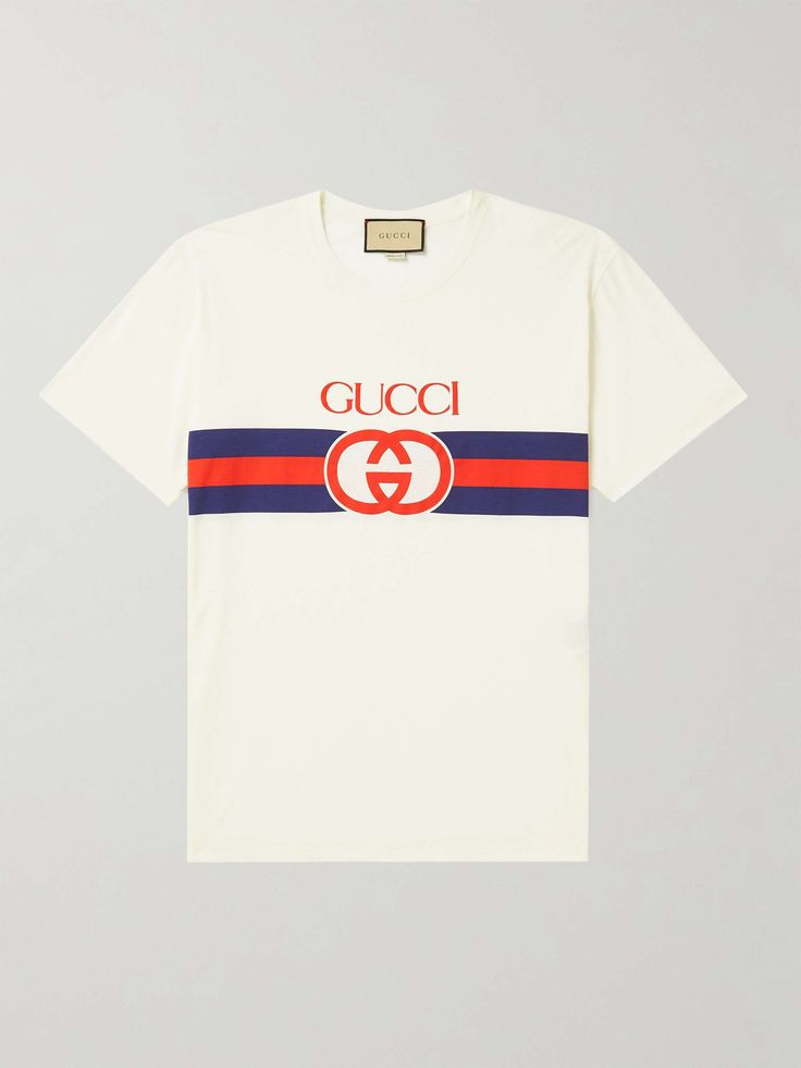 Shop GUCCI Logo-Print Cotton-Jersey T-Shirt, Explore the latest in-season GUCCI collection today on MR PORTER Gucci Collection, Gucci T Shirt, Gucci Outfits, Mr Porter, T Shirt For Men, S Models, Printed Cotton, Fashion News, Tshirt Print