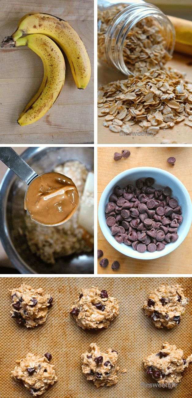 there are many different pictures of cookies and bananas on the table, including oatmeal