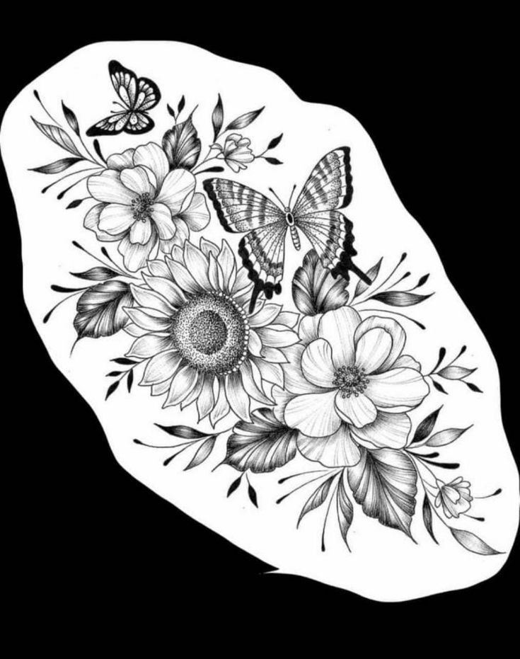 a black and white drawing of flowers with butterflies on it's back side, in the shape of a rock