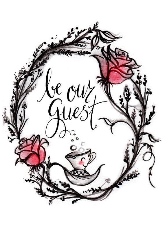 the words be our guest are surrounded by roses and teapots on a white background