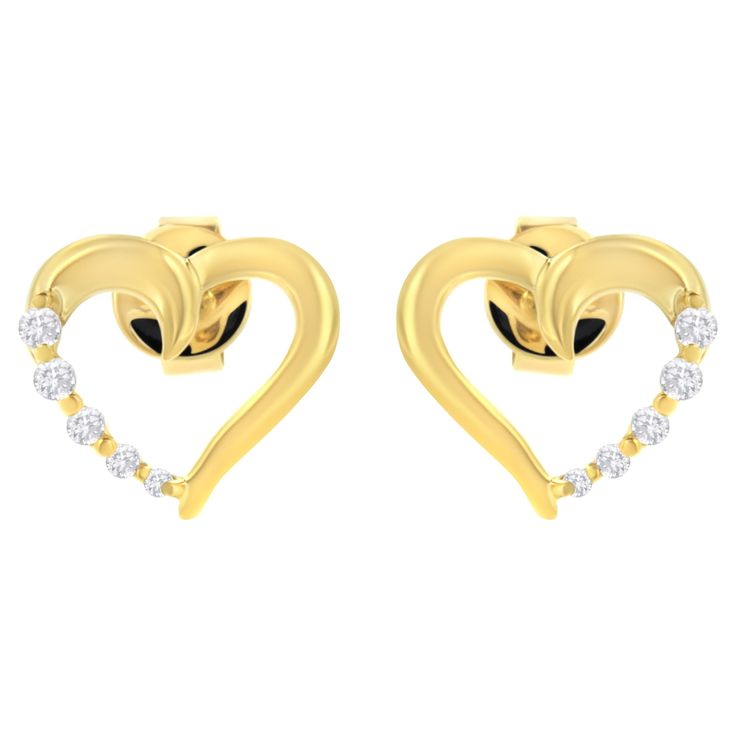 Admire your beloved with the touch of this fascinating Diamond Journey Earrings that will surely captivate her. Stunning pair of heart shaped earrings showcases 10 dazzling round cut diamonds representing your growing love. Diamonds are beautifully prong set in luminous 14 karat yellow gold. Total diamond weighs 1/8 ctw. "Video Available Upon request." Product Features: Diamond Type: Natural White Diamonds Diamond Count: 10 Round-Cut Diamonds Diamond Color: K-L Diamond Clarity: I1-I2 Diamond Wei Bracelet Love, Heart Hoop Earrings, Heart Shaped Earrings, Heart Shaped Diamond, Diamond Hoop Earrings, Yellow Gold Earring, Best Diamond, Modern Earrings, Love Ring