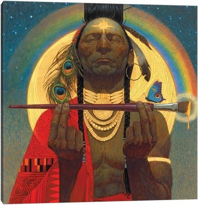 an image of a native american man holding a stick in front of the moon with feathers on his head