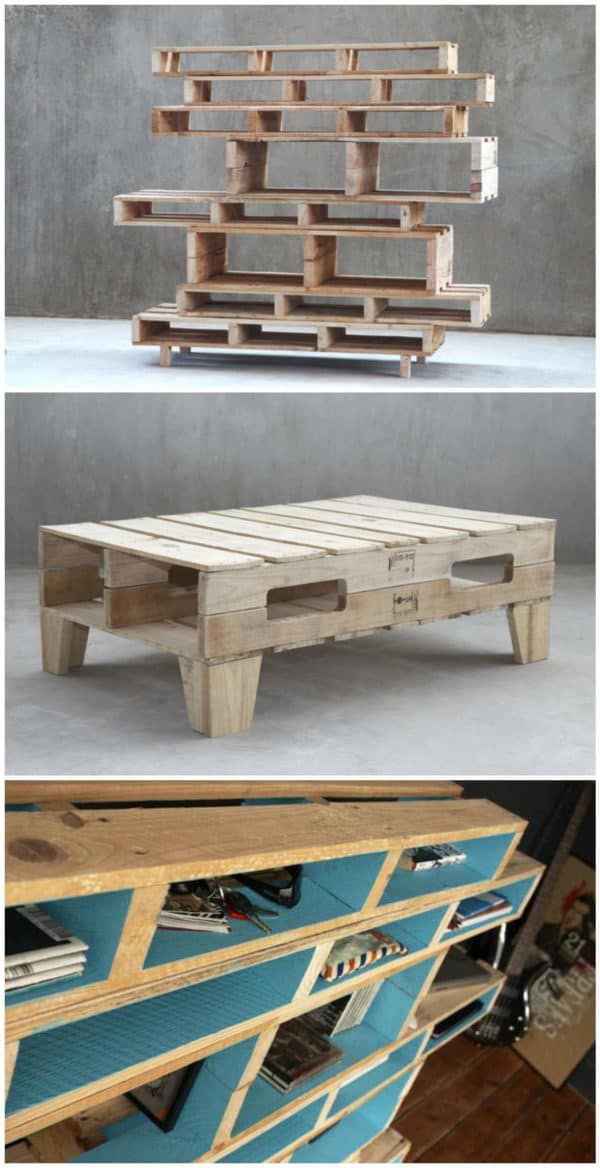 two different types of furniture made out of pallets and wooden planks, one with drawers