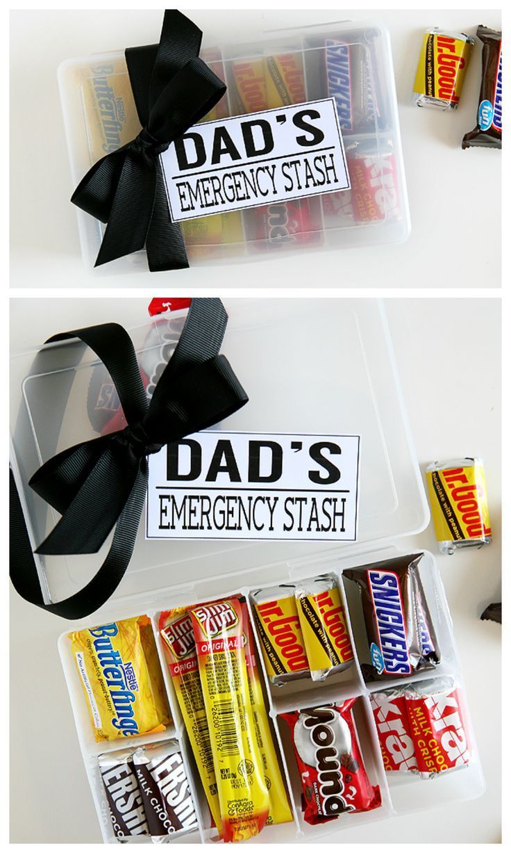 father's emergency stash box filled with candy and candies, tied in a black ribbon