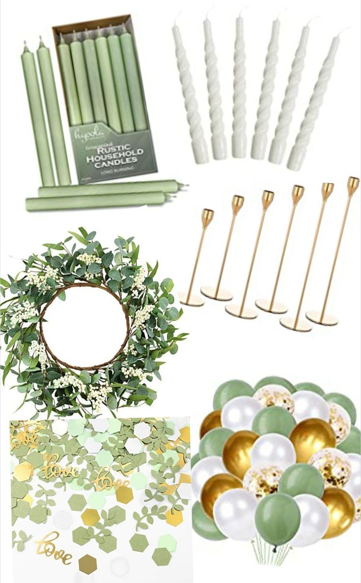 green and gold party supplies including candles, plates, napkins and balloons