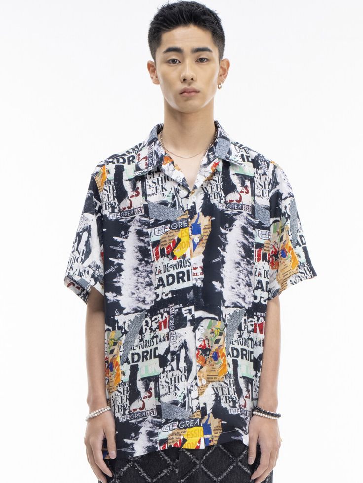 Editor's Notes It is a short sleeve shirt with polyester. -Overall printing detail -Various colors combination-White buttonsMeasurements(in.)   Size: One Size-Shoulder: 19.68 in. -Chest: 24.40 in.-Length: 27.55 in.-Sleeve: 9.44 in. *Model Size: One Size (Man: 5.74 ft. / Woman: 5.57 ft.) Composition & Care-100% Polyester-Dry Cleaning Recommended  Designerby THE GREATEST Casual Short Sleeve Camp Shirt With Graphic Print, White Short Sleeve Camp Shirt With Sublimation Print, Multicolor Collared Shirt With All Over Print, Spring Streetwear Camp Shirt With Short Sleeves, Printed Multicolor Collared Short Sleeve Shirt, Spring Short Sleeve Camp Shirt With Abstract Print, Spring Camp Shirt With Abstract Print And Short Sleeves, Spring Abstract Print Short Sleeve Camp Shirt, White Printed Short Sleeve Shirt