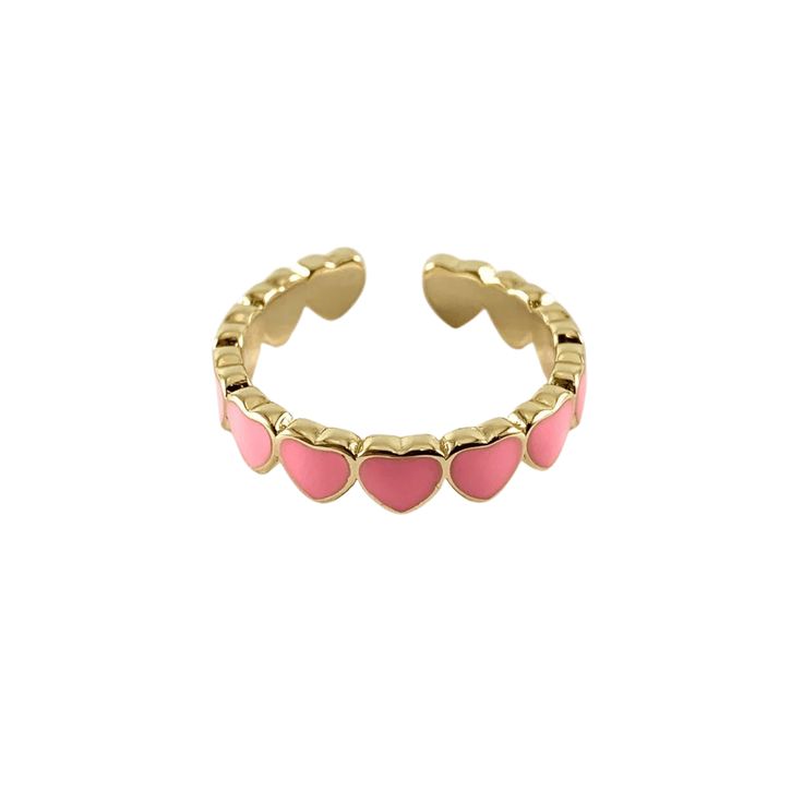 Elevate your style with our enchanting Gold Adjustable Heart Ring featuring sweet pink hearts, designed especially for teen and tween girls. This dainty ring is a symbol of youthful love, charm, and individuality. The adjustable band offers the perfect fit for young fingers, ensuring comfort and versatility. Its gleaming gold surface serves as a perfect canvas for the delicate pink hearts. This heart ring is an ideal choice for young girls who appreciate both style and sentimentality. Whether it Pink Adjustable Heart Ring For Promise, Adjustable Pink Heart Ring For Promise, Pink Open Ring Jewelry For Valentine's Day, Cute Heart Ring For Valentine's Day, Trendy Adjustable Heart-shaped Rings, Trendy Pink Heart-shaped Rings, Valentine's Day Adjustable Open Stackable Rings, Trendy Pink Heart Promise Ring, Cute Pink Heart Ring Gift