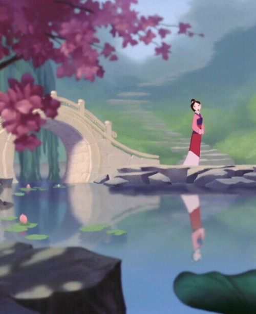 an animated image of a woman standing in front of a pond with flowers on it