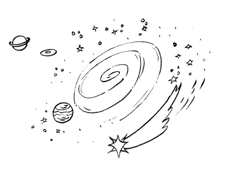 a black and white drawing of an object in the sky with stars, planets and other objects around it