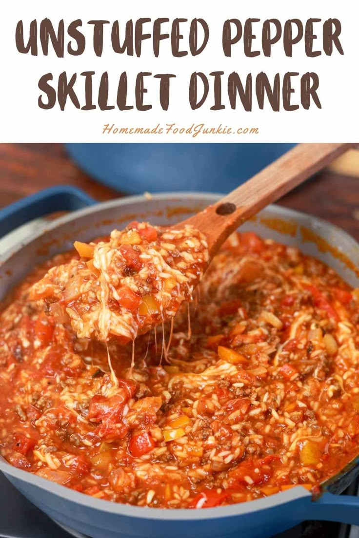 a skillet filled with homemade stuffed pepper skillet dinner is ready to be eaten