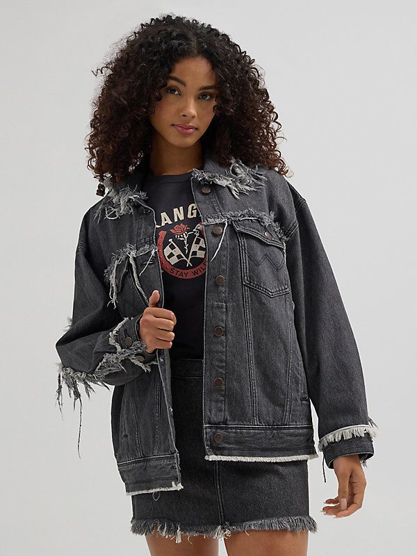 Haven’t found the right jacket? You just haven’t met the Wrangler® Women’s Fray Jacket yet. Between the oversized fit and distressed trim, it comes with that perfectly pre-worn look and feel as if you’ve been breaking it in for years. It’s crafted from 100% cotton, with a faded black wash that goes with everything as well as fraying at the cuffs, sleeves, collar, and yokes. Don’t worry—we didn’t forget the “W” pocket stitching or branded hardware. Vintage Outerwear With Frayed Hem For Fall, Grunge Cotton Outerwear With Frayed Hem, Fall Streetwear Outerwear With Frayed Hem, Frayed Hem Outerwear For Fall Streetwear, Oversized Distressed Denim Jacket In Edgy Style, Oversized Distressed Grunge Outerwear, Oversized Edgy Distressed Denim Jacket, Edgy Oversized Distressed Denim Jacket, Distressed Edgy Oversized Outerwear