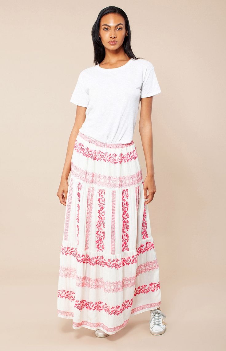 Embroidered Rayon Crinkle Gauze
Top Skirt is Lined
Tiered Skirt with Shirring
Maxi Length Recruitment Dresses, Rayon Crinkle, Crinkle Skirt, Pink Maxi Skirt, White Maxi Skirts, Gauze Top, Preppy Summer, Tiered Skirt, Exclusive Designs