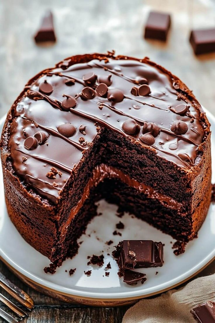 a chocolate cake with one slice cut out