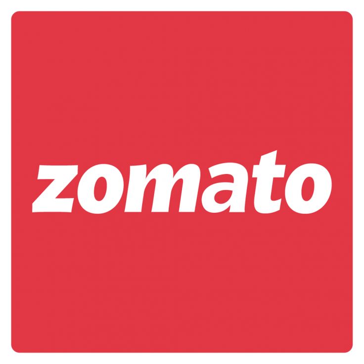 the word zomato is written in white on a red square shaped sticker