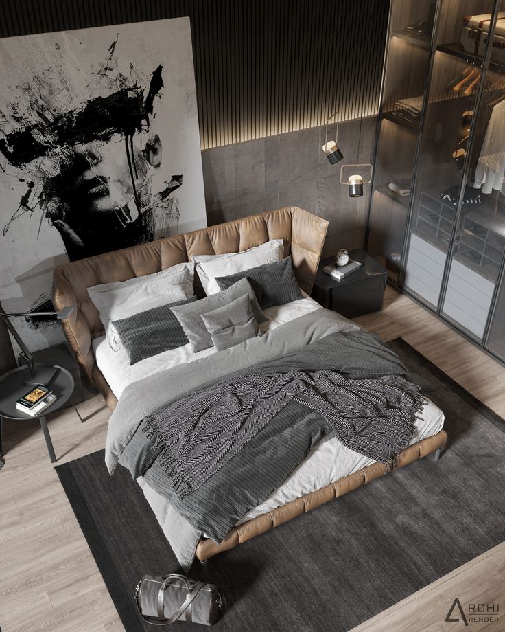 a bedroom with a large bed in the middle and a painting on the wall behind it