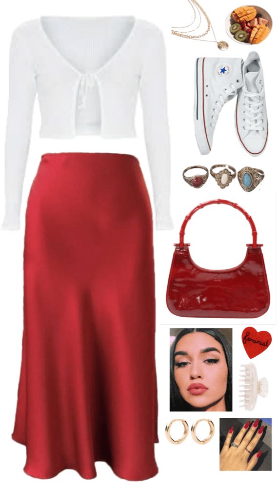 White Red Outfit Aesthetic, White And Red Christmas Outfit, Simple Red Outfits, Red Christmas Outfit Aesthetic, Red Ootd Aesthetic, Red And White Outfit Classy, Red And White Outfit Aesthetic, Red Long Skirt Outfit, Red Skirt Outfit Aesthetic