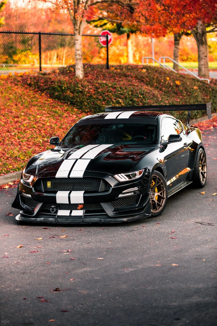 a black and white car parked on the side of a road next to some trees