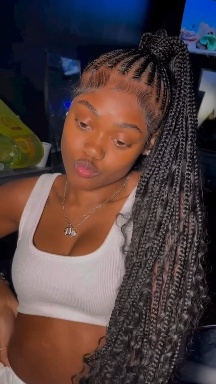 Braided Ponytail Feed In, Stitched Ponytail Braids, Stitch Braided Ponytail Hairstyles, Braided Stitch Ponytail, Scalp Braid Ponytail, Ponytail Braids Hairstyles For Black Women, Long Braided Ponytail With Curls, Braided Pointy Tail Black Women, Boho Stitch Braids Ponytail