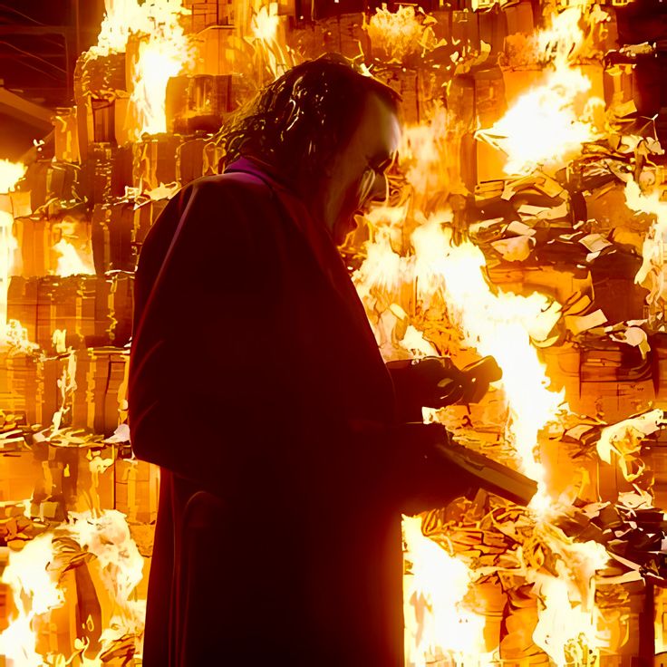 a man standing in front of a fire filled wall with lots of burning objects on it