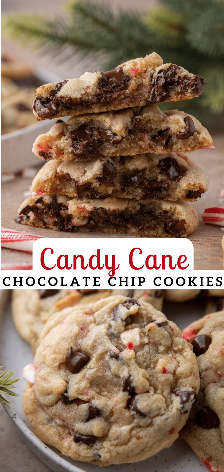 chocolate chip cookies stacked on top of each other with candy canes in the background