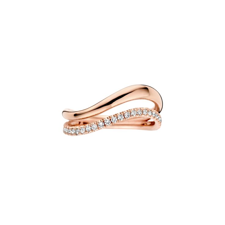 The Bay ring is a graceful blend of elegance and charm. This ring features lab-grown diamonds on a double wavy band, creating a beautifully understated design. It's the perfect accessory to add a touch of sophistication to your style. Elegant Stackable Diamond Rings In Rose Gold, Elegant Double Band Promise Diamond Ring, Elegant Double Band Diamond Promise Ring, Elegant Rose Gold Diamond Stackable Rings, Elegant Double Band Ring With Brilliant Cut, Elegant Brilliant Cut Double Band Ring, Elegant Rose Gold Double Band Rings, Luxury Diamond Double Band Rings, Elegant Double Band Diamond Stackable Rings