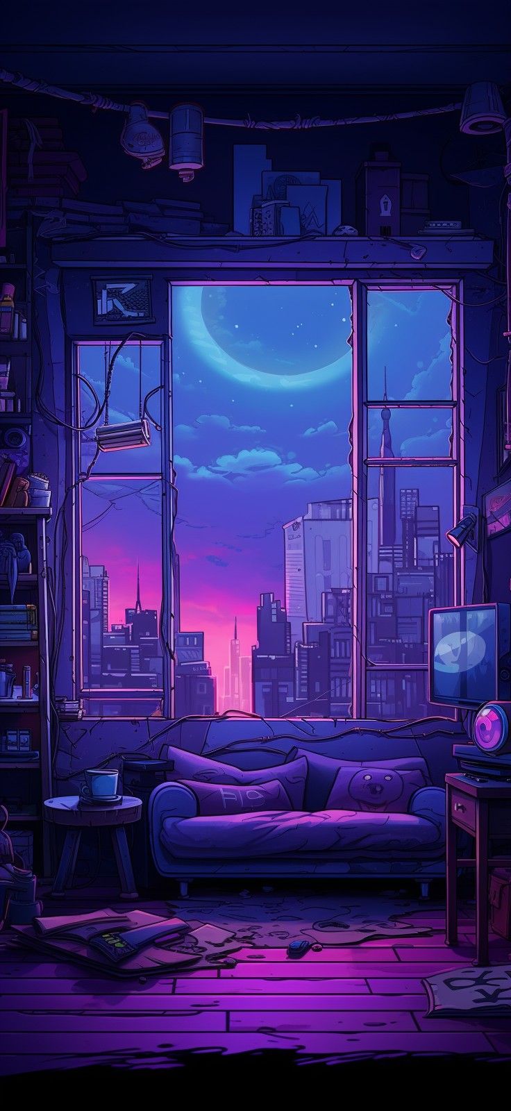 a living room filled with furniture and a large window overlooking the city at night time