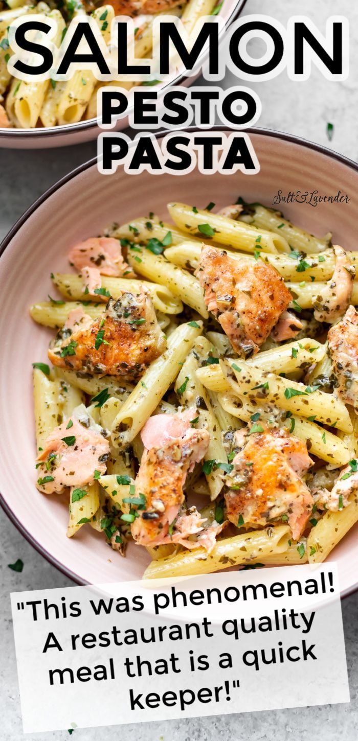 salmon pesto pasta in a pink bowl with a recipe on the side that says salmon pesto pasta