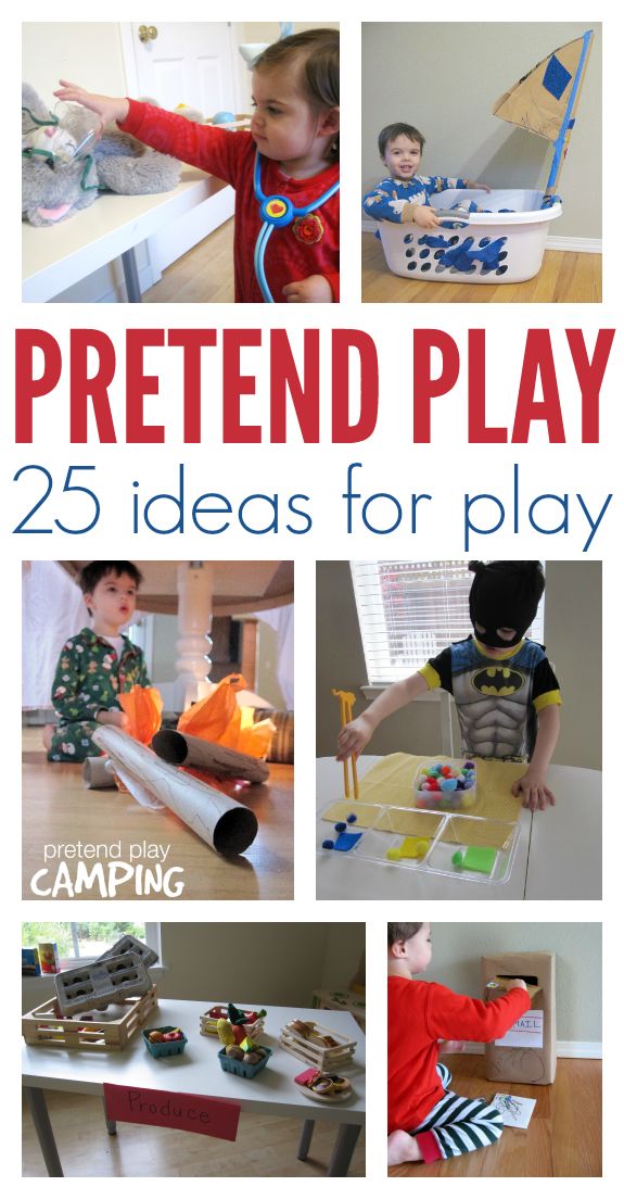 the cover of pretend play 25 ideas for play, with pictures of children playing and making toys