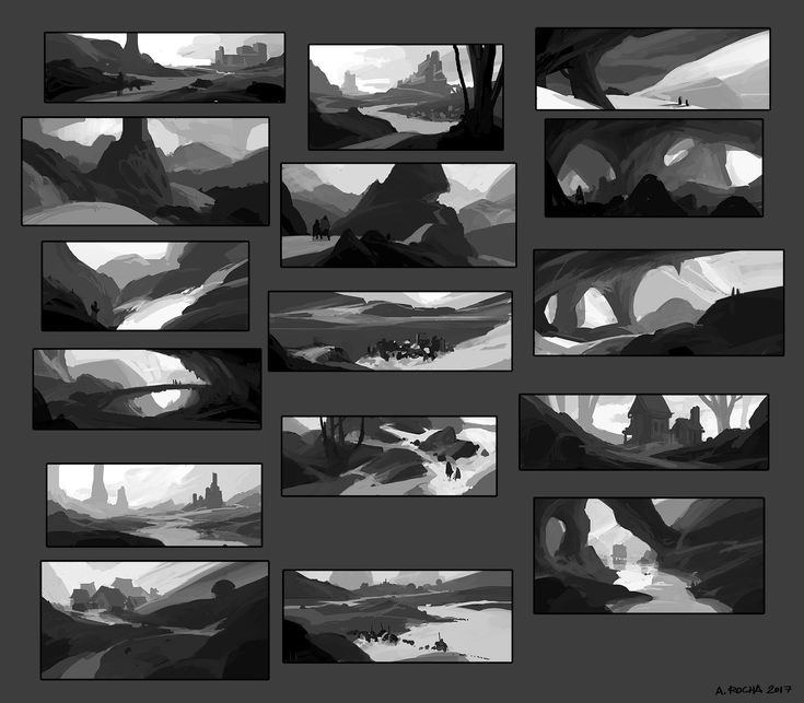 some black and white art work for the game's storyboarder, with different scenes