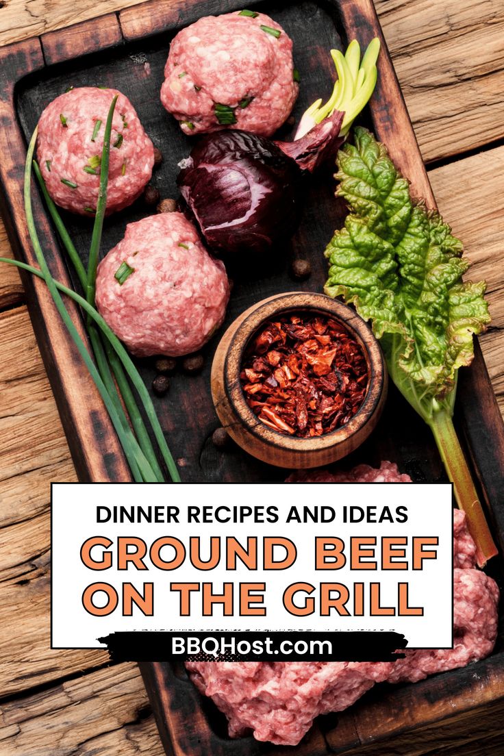 ground beef on the grill with lettuce, onions and other ingredients in a bowl