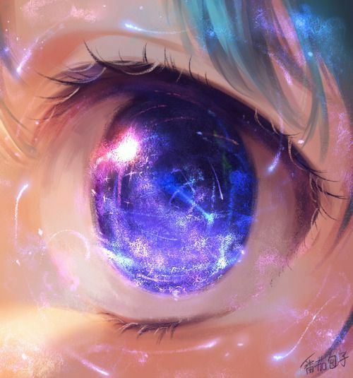 an eye with purple and blue colors is shown in this artistic photo, it appears to be looking into the distance