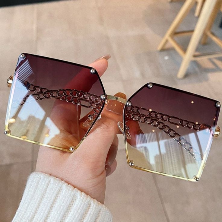 Brand New Women Oversize Rimless Gold Hardware Square Frame Sunglasses Grey Yellow Ombre Lens Classy Sunglasses Women, Uv400 Sunglasses, Fashion Eye Glasses, Pink Tea, Oversize Fashion, Gradient Sunglasses, Tinted Sunglasses, Gray Yellow, Oversized Sunglasses