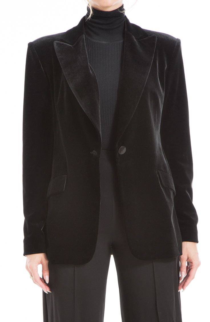 Create an elegant ensemble with this soft velvet blazer featuring peaked lapels and flap pockets for polished style. 28" length One-button closure Peaked lapels Front flap pockets Lined 90% polyester, 10% spandex Dry clean Imported Velvet Outerwear With Lapel Collar For Work, Velvet Blazer For Fall Workwear, Velvet Blazer For Work In Fall, Velvet Single Breasted Blazer For Work, Velvet Blazer For Workwear In Fall, Velvet Single-breasted Blazer For Work, Chic Velvet Outerwear With Notch Lapel, Classic Velvet Blazer For Fall, Velvet Notch Lapel Blazer For Work