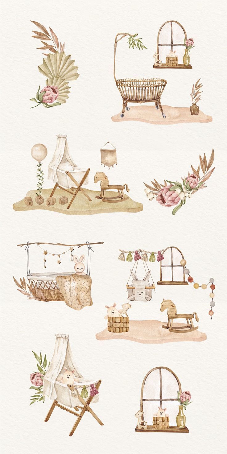 watercolor illustration of various items on display in different stages of life, including furniture and flowers