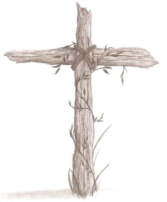 a drawing of a cross with vines growing on it's sides and in the center