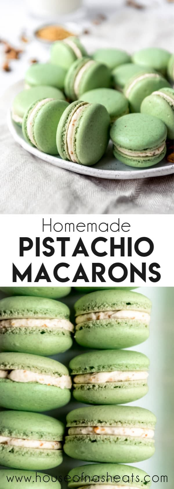 some green macarons are on a plate and the words homemade pistachio macarons