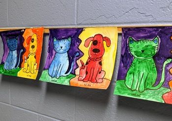 four colorful pictures hanging on a wall with cats and dogs painted on them in different colors