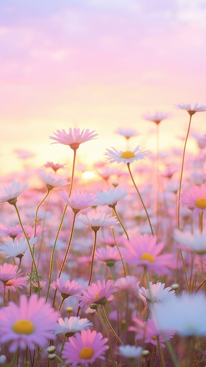 pink and white daisies with the sun setting in the background