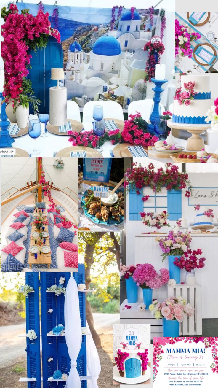 blue and white wedding decor with pink flowers