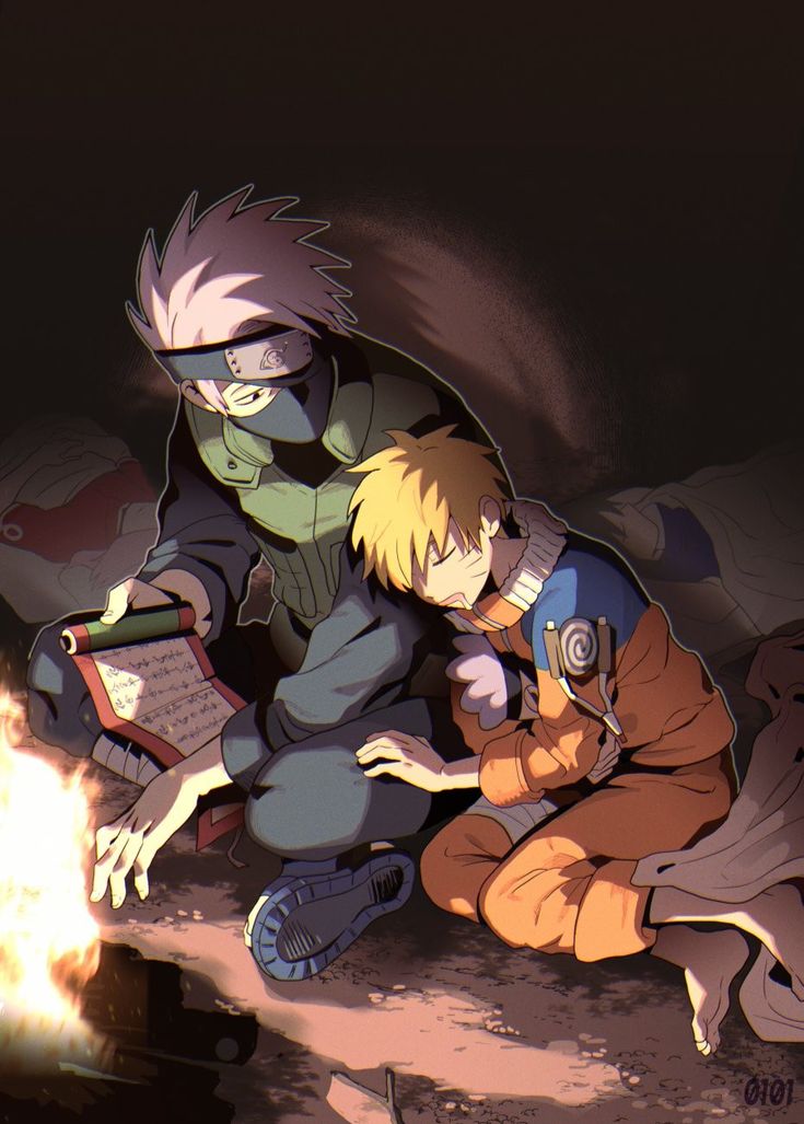 two anime characters sitting next to each other in front of a fire and looking at something