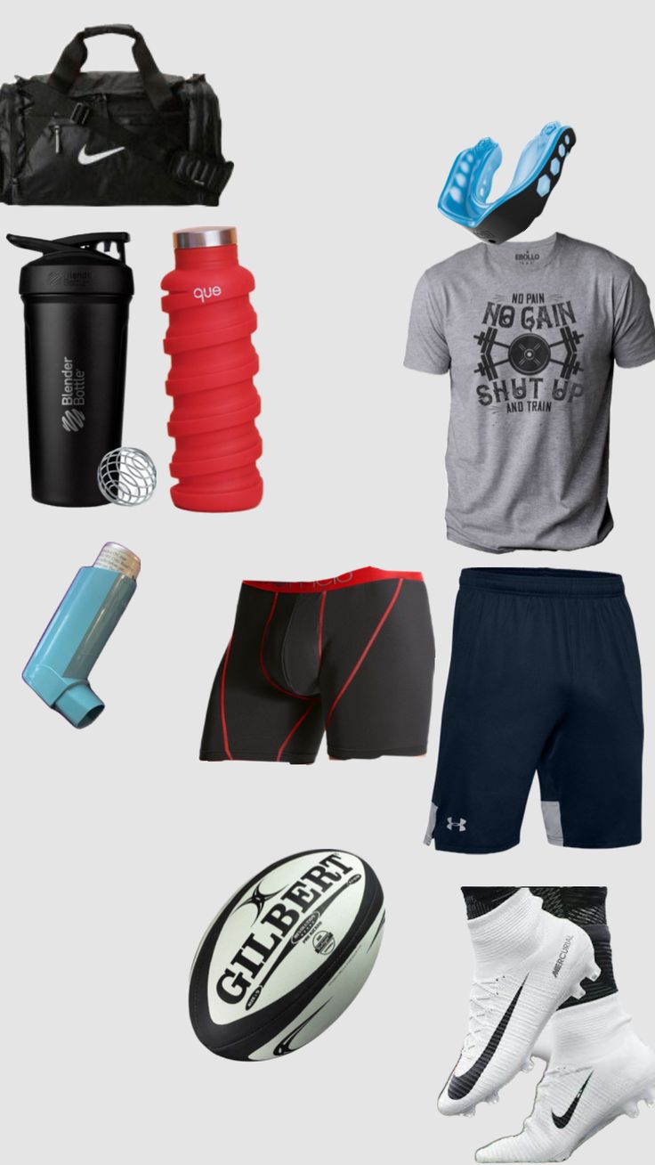 various sports items are arranged on a white background, including an athletic shirt and shorts