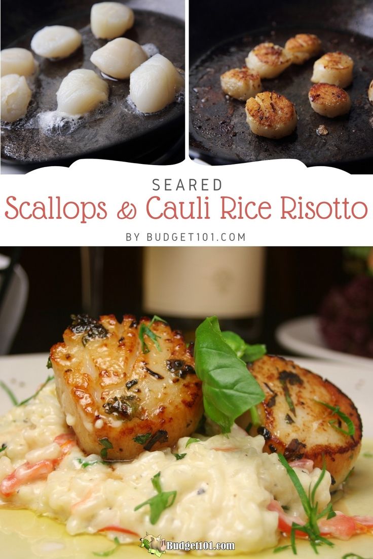 some scallops and cauli rice ristors on a plate with sauce