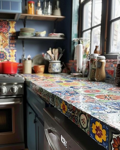 the kitchen counter is covered with colorful tiles