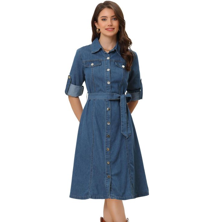 Apparel material: 100% Cotton. Lightweight and breathable material, perfectly keeps you comfortable all day. This collared jean dress is versatile to match with casual sandals shoes or cowgirl boots to build western outfits. Suit for spring/fall/winter and many occasions, such as casual, wear to work, shopping, dating, vacation, holiday, back to school, outdoor, and so on. The model is wearing in size X-Small (Height: 5'9", Chest: 31 4/5 inches, Waist: 23 1/5 inches, Hip: 36 3/5 inches, Shoulder Denim Shirt Dress Women, Jean Shirt Dress, Jean Dresses, Blue Jean Dress, Dresses Blue, Denim Shirt Dress, Cotton Midi Dress, Classic Jeans, Denim Button Down