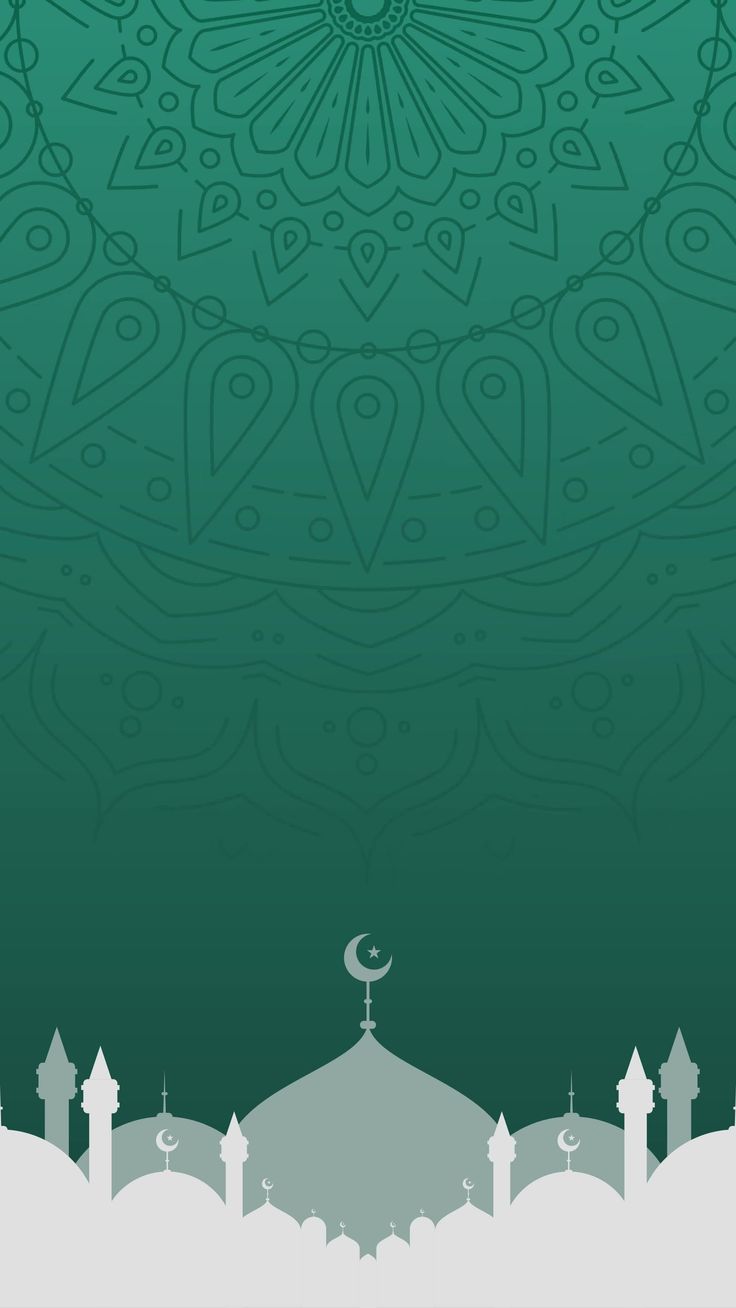 an islamic background with the moon and mosques in the distance, on a dark green background