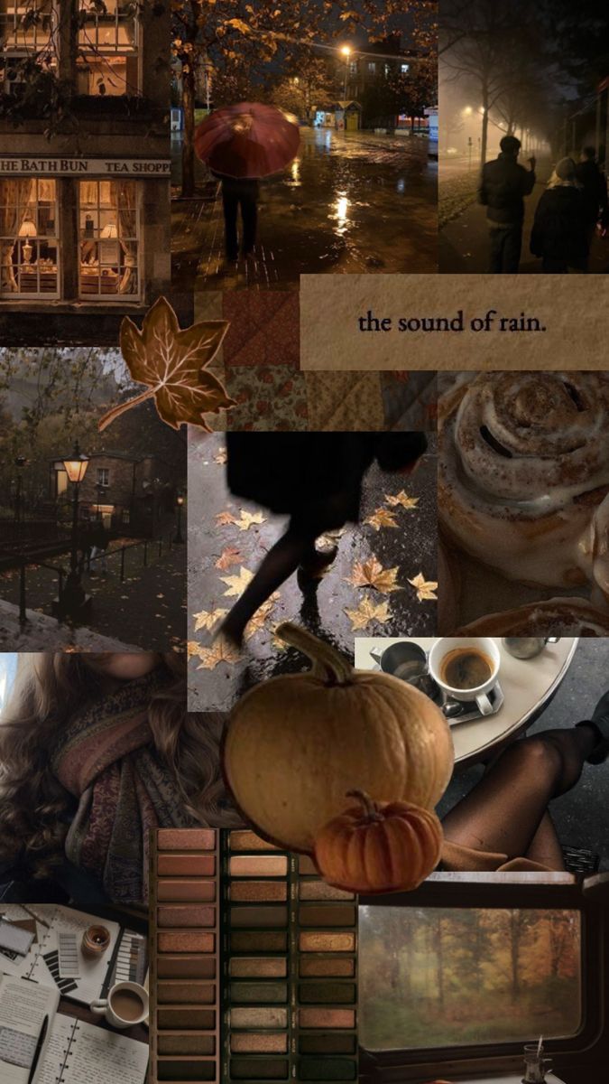 a collage of photos with people and pumpkins in the rain, coffee cups, books