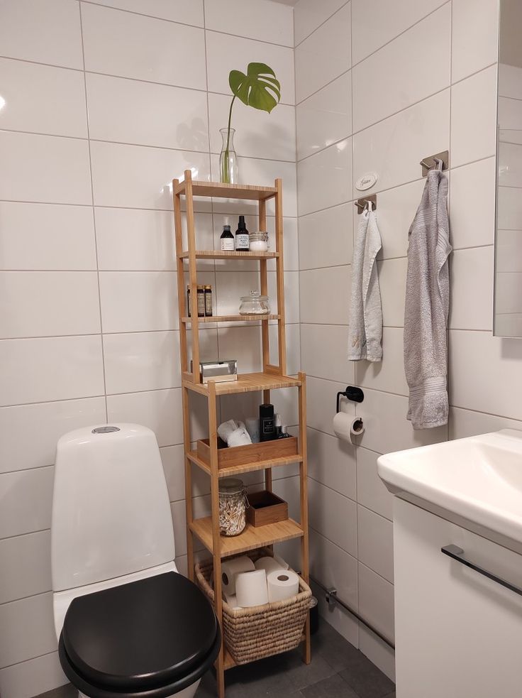 a white toilet sitting next to a wooden shelf