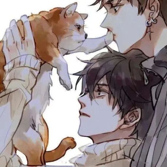 two anime characters with one cat on his shoulder and the other dog on their back