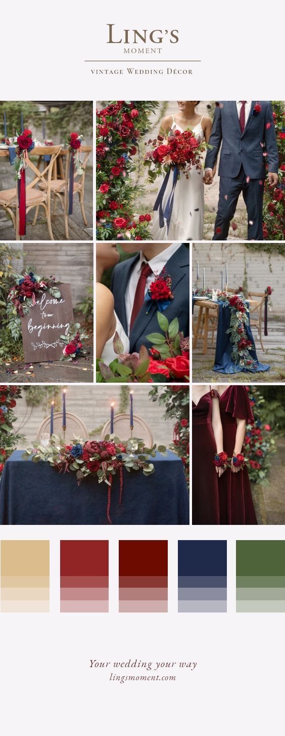 the wedding color scheme is red, white and blue with greenery on each side