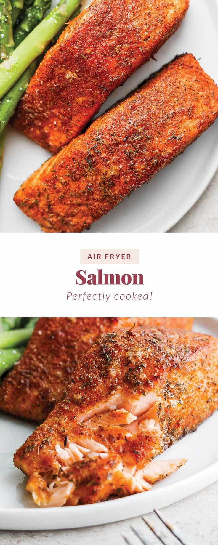 salmon and asparagus on a white plate with the title air fryer salmon perfectly cooked